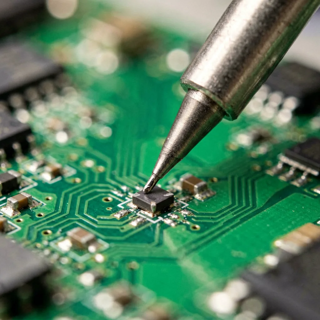 Close-up view through a microscope of a fine soldering iron tip working on small surface-mount components on a green circuit board