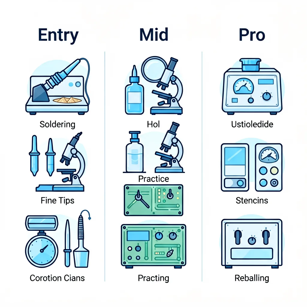 Three-tier comparison infographic of micro soldering tool setups: entry, mid and pro, with representative tools and price bands