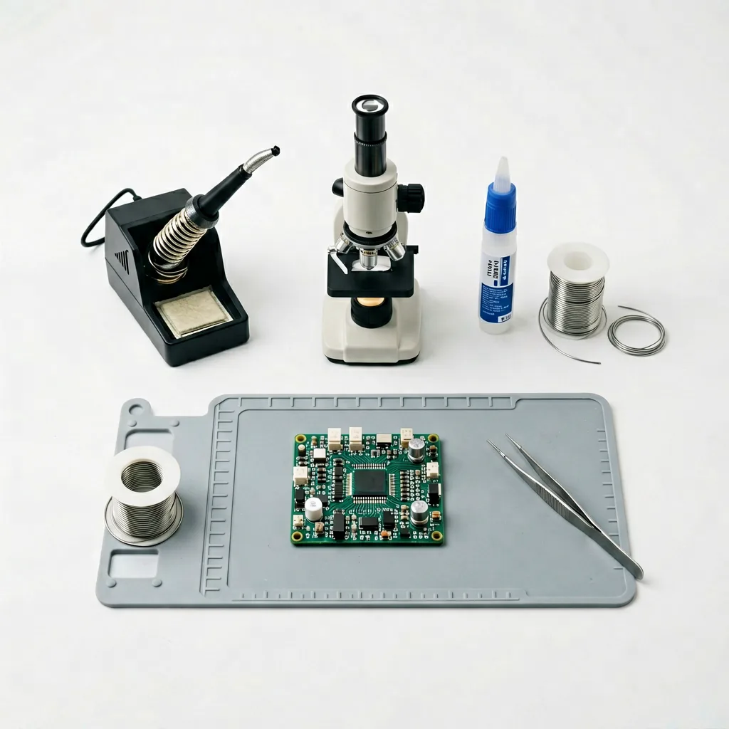 A tidy micro soldering workstation with station, microscope, flux, wick, practice board and anti-static mat under good lighting