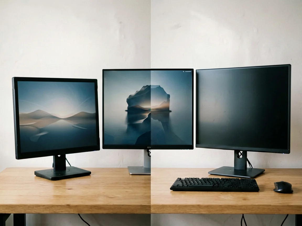 A 16-inch portable, a 24-inch, and a 27-inch monitor shown side by side on a desk