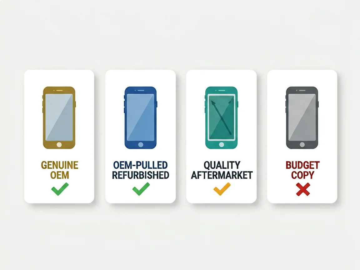 Four labelled tiers of phone parts: genuine, refurbished, aftermarket, budget copy