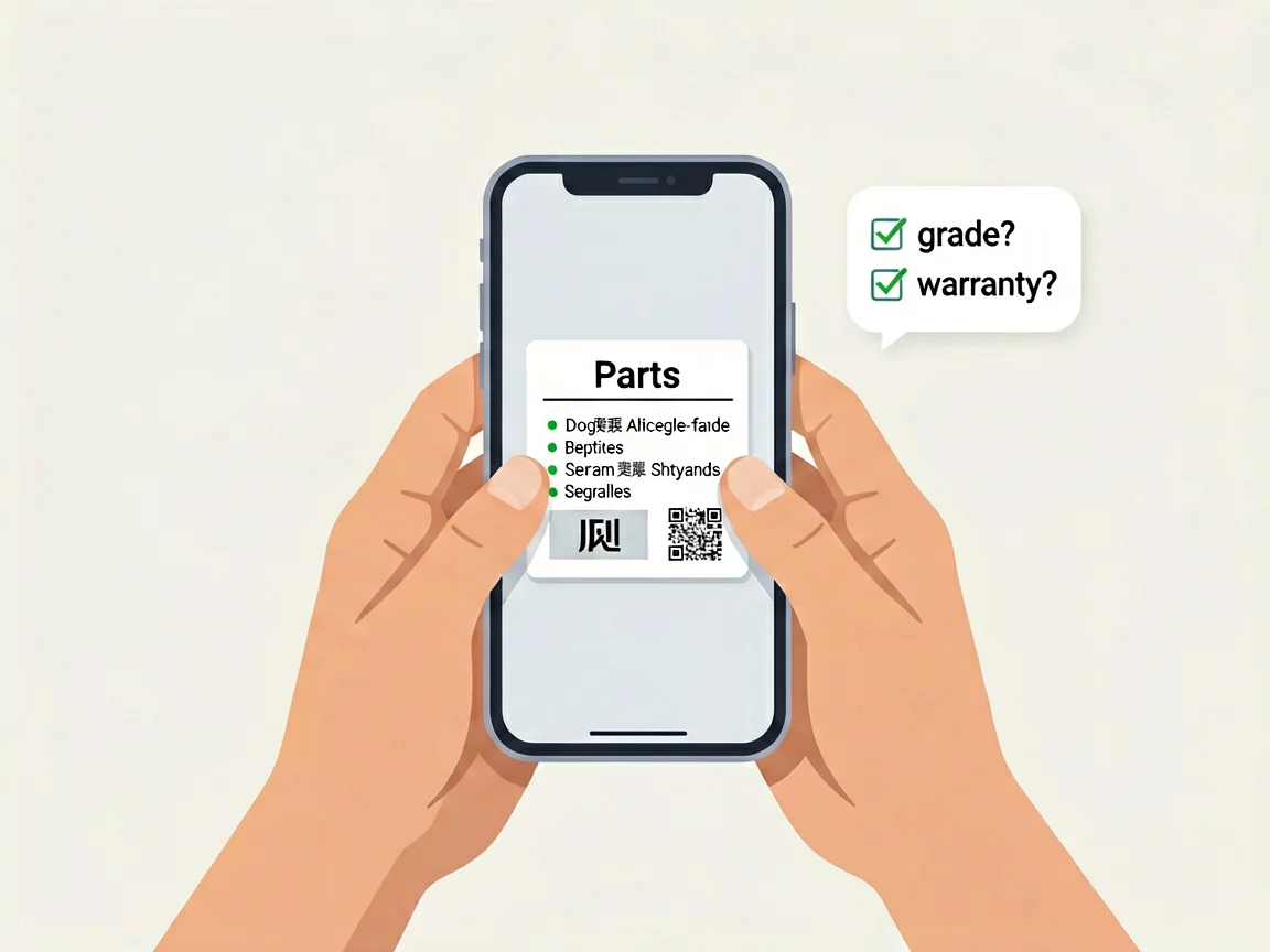 A person inspecting a phone part label and asking about grade and warranty