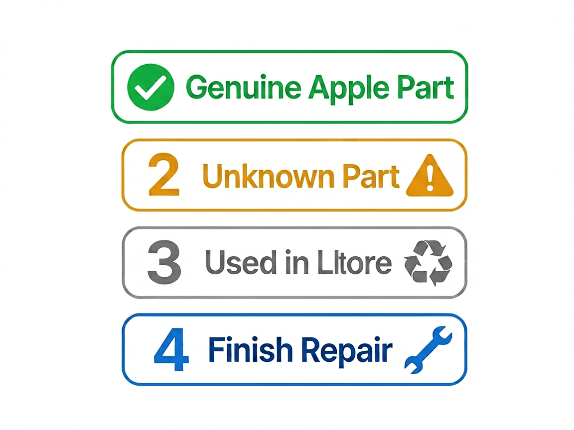 Diagram of iOS Parts and Service History labels: Genuine Apple Part, Unknown Part, Used, Finish Repair
