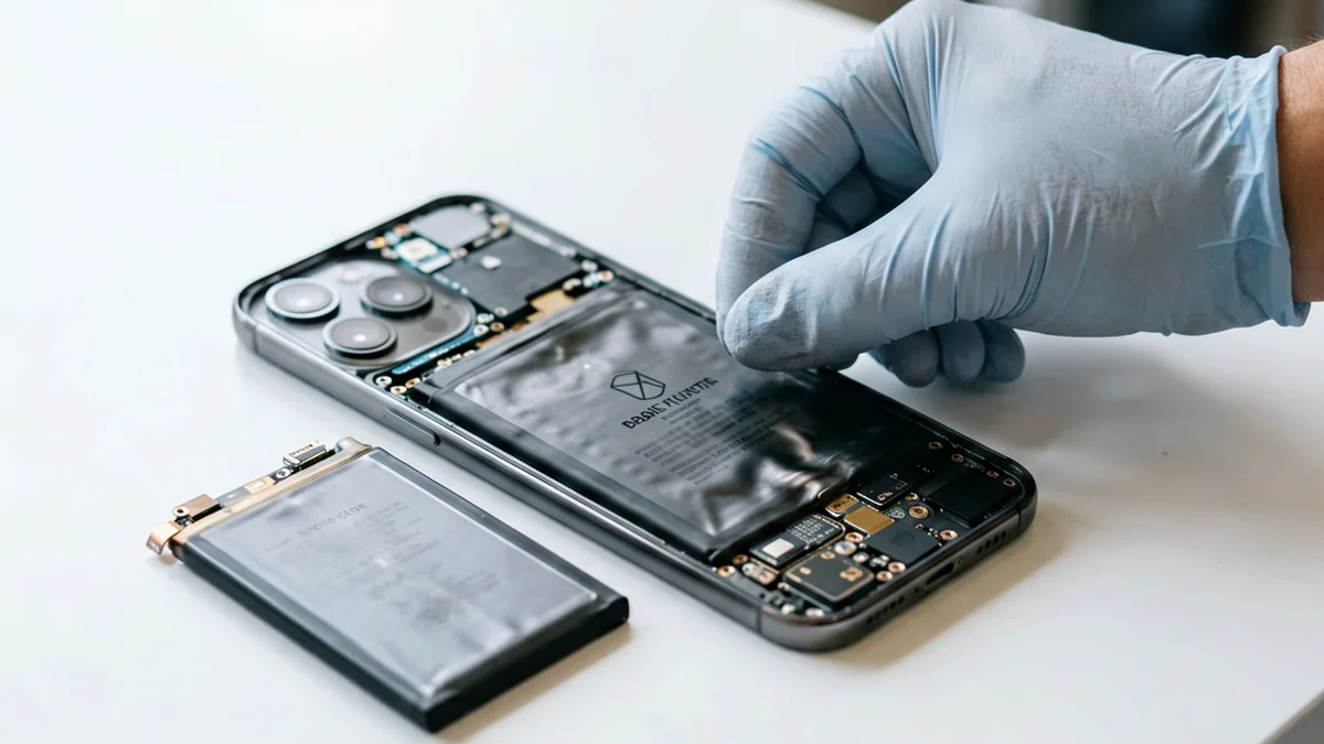 Technician replacing a swollen lithium-ion battery in a smartphone with gloves, a fresh battery beside it on a clean surface