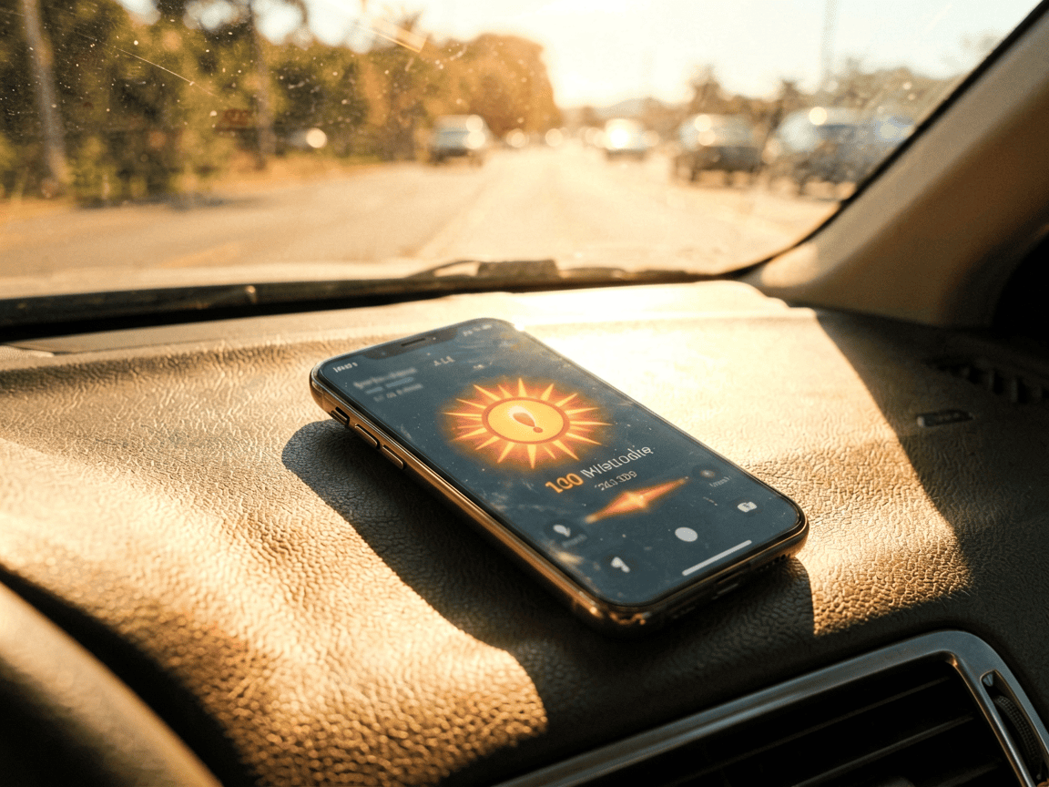Smartphone left on car dashboard in direct sunlight showing heat warning