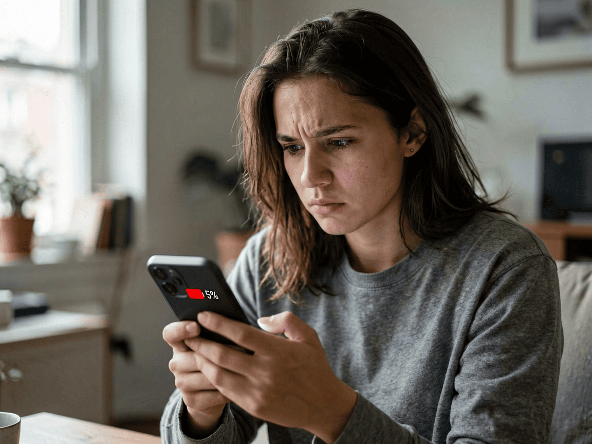 Frustrated person looking at smartphone showing low battery warning