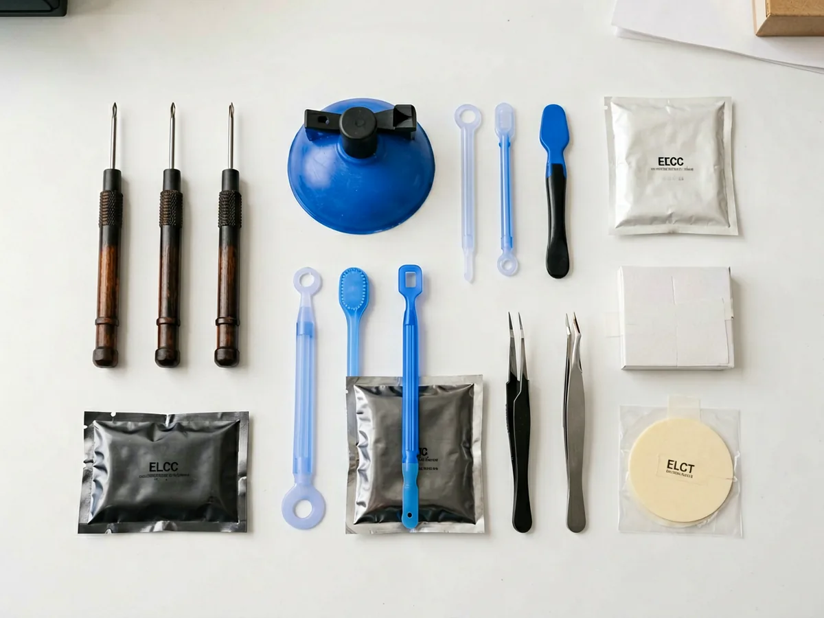 Knolling view of a complete phone repair toolkit: screwdrivers, suction cup, opening picks, spudger, tweezers, heat pack and adhesive strips