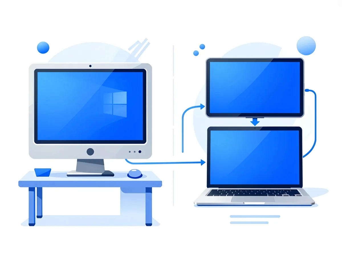 Side-by-side comparison of a traditional bulky desktop monitor versus a slim portable monitor connected to a laptop