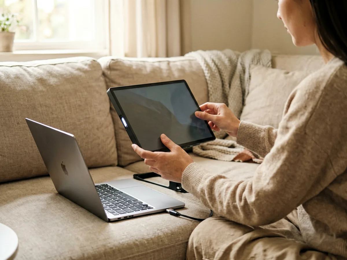 A person using a portable monitor on a sofa in a cozy home environment with warm natural lighting
