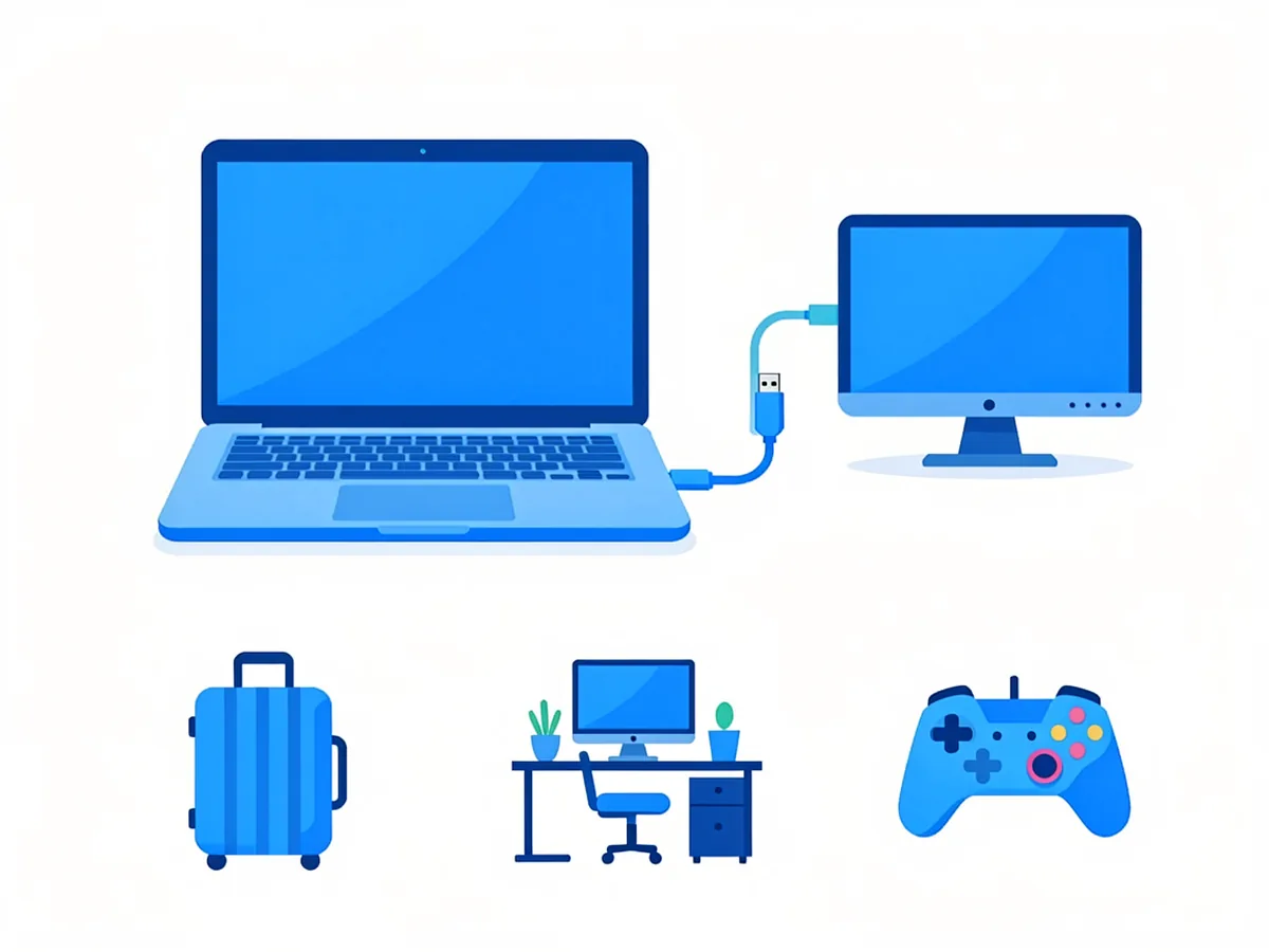 Infographic showing USB-C single cable connecting a laptop to a portable monitor for travel and work use cases