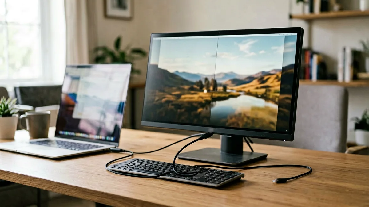 A 16 inch portable monitor connected to a laptop via USB-C cable on a modern home workspace desk
