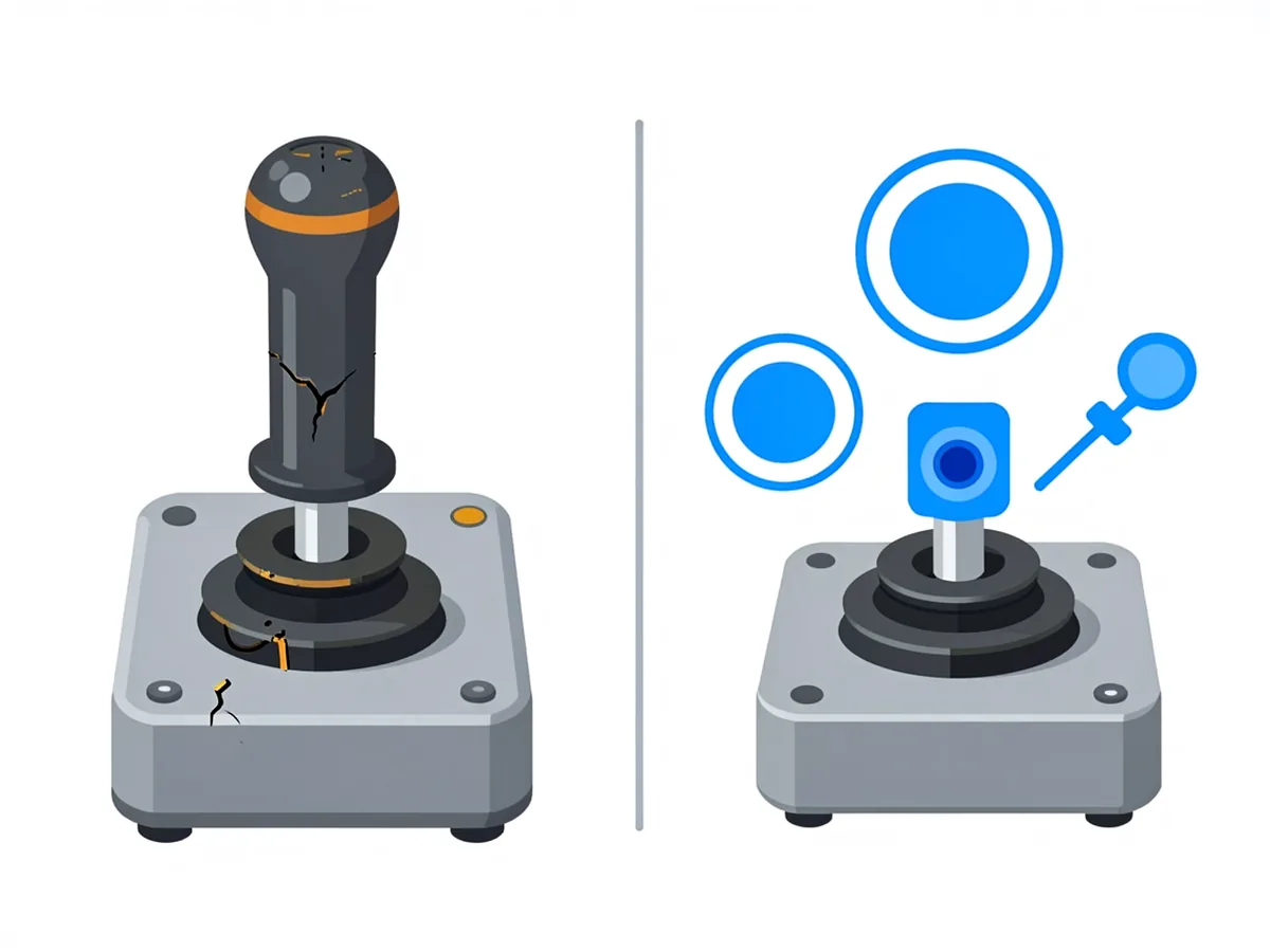 Side-by-side comparison of a traditional potentiometer joystick with a worn track versus a modern hall effect joystick with contactless sensor