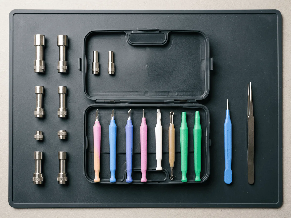 A 26-in-1 precision electronics repair tool kit with assorted bits, spudgers and tweezers arranged on a mat