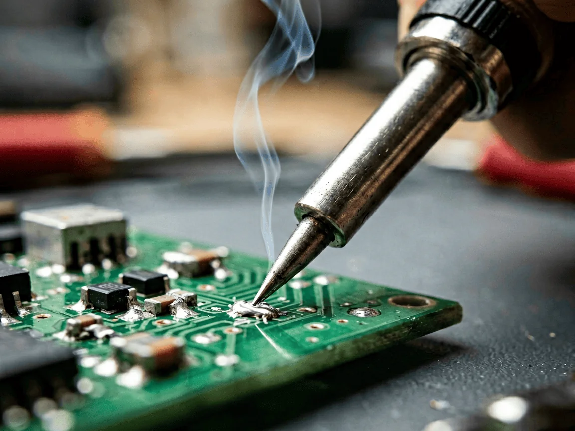 Close-up of a fine-tipped soldering iron applying 60/40 solder to a small circuit board joint