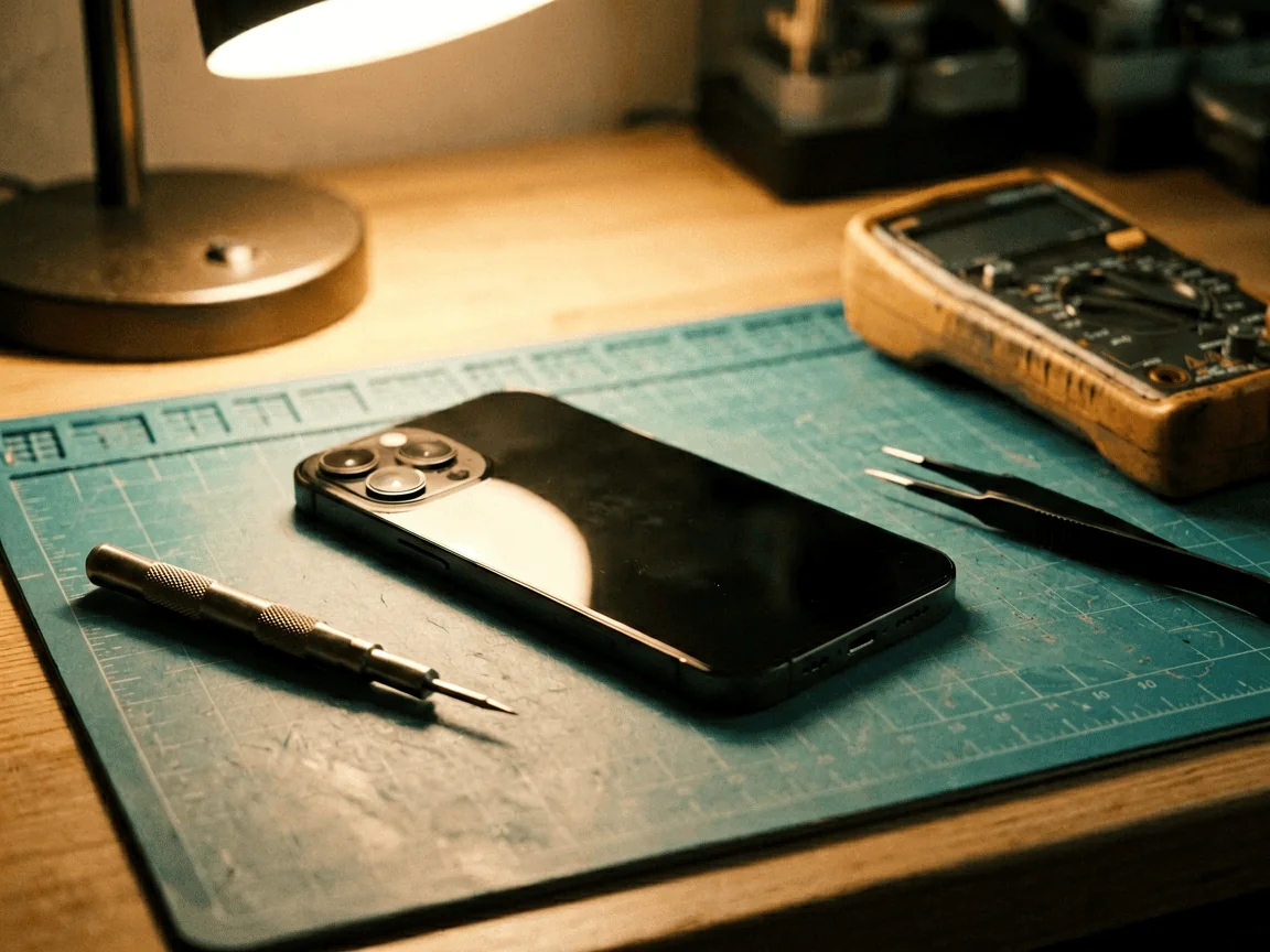 A smartphone opened on a repair mat beside precision tools during a common DIY fix