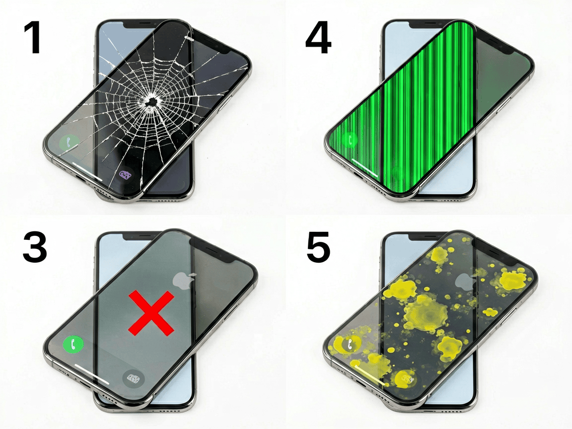 Four types of iPhone screen damage: cracked glass spiderweb pattern, vertical display lines, touch unresponsiveness, and discoloured patches