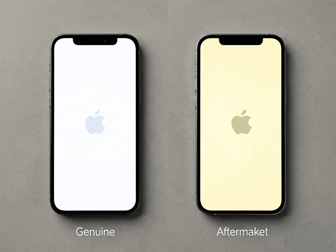 Genuine vs aftermarket iPhone screen physical comparison showing bezel and colour tint differences