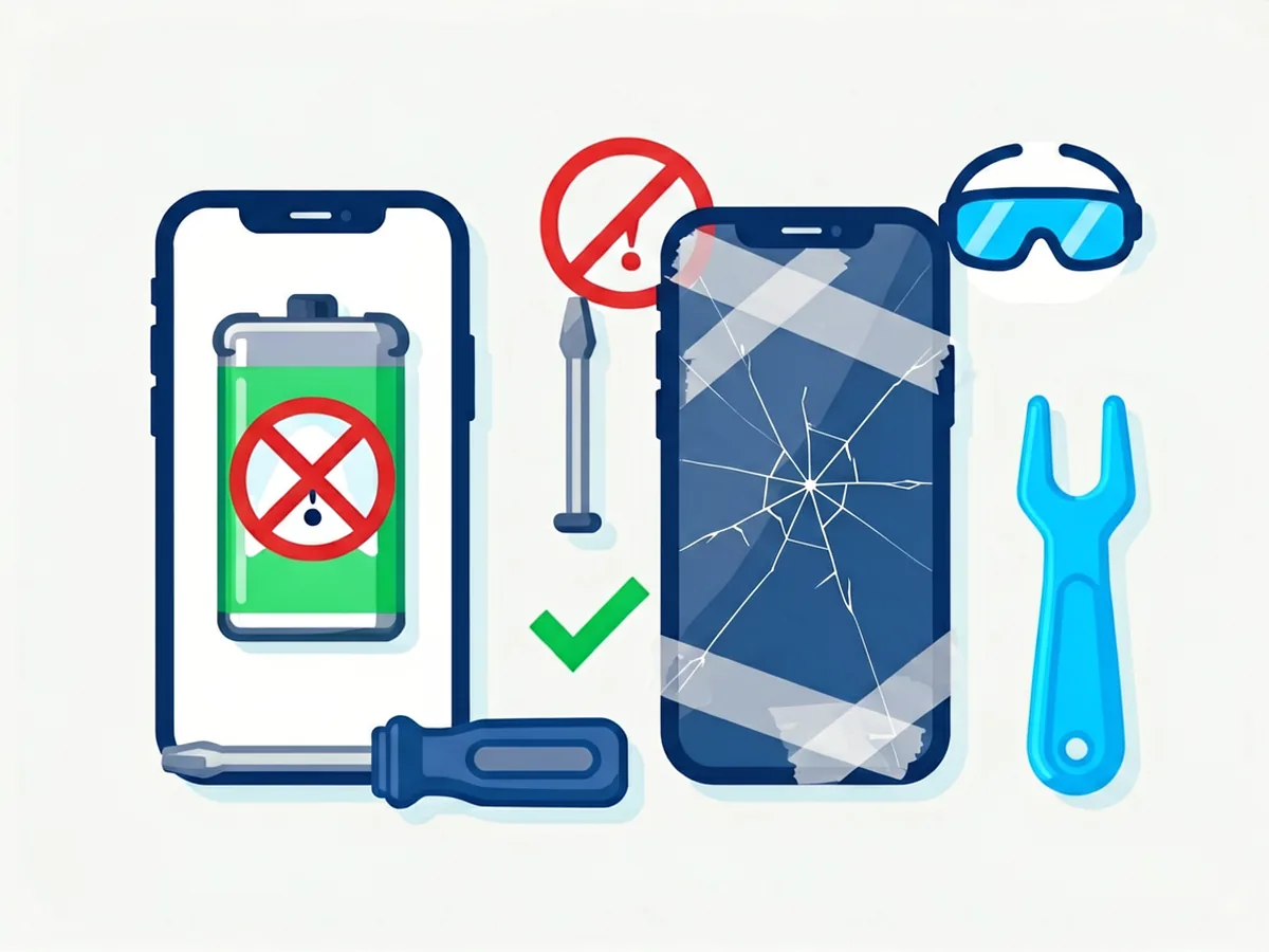 Safety illustration for DIY screen repair: swollen battery warning, no metal tools near battery, tape cracked glass, wear eye protection, use plastic pry tools