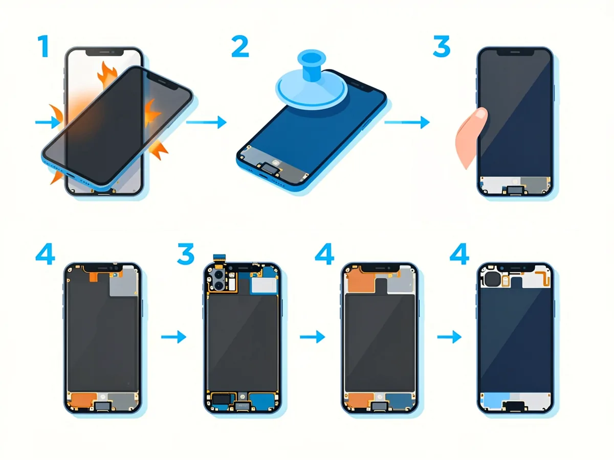 Four-step DIY phone screen repair overview: heat the edges, lift with suction cup, disconnect battery first then display cables, transfer front sensor assembly
