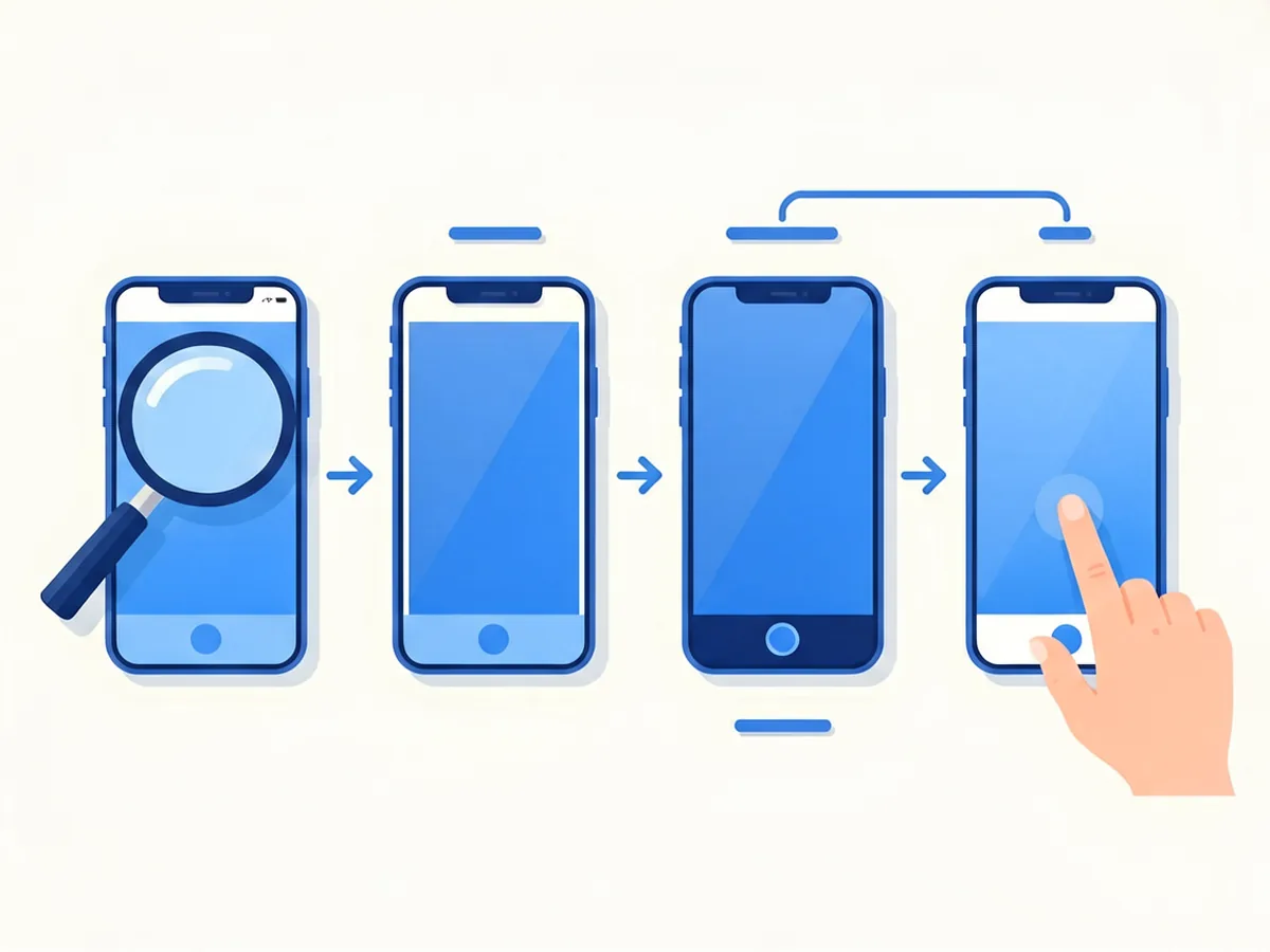 Four-step illustration of phone screen replacement: diagnosis, removal, installation, testing