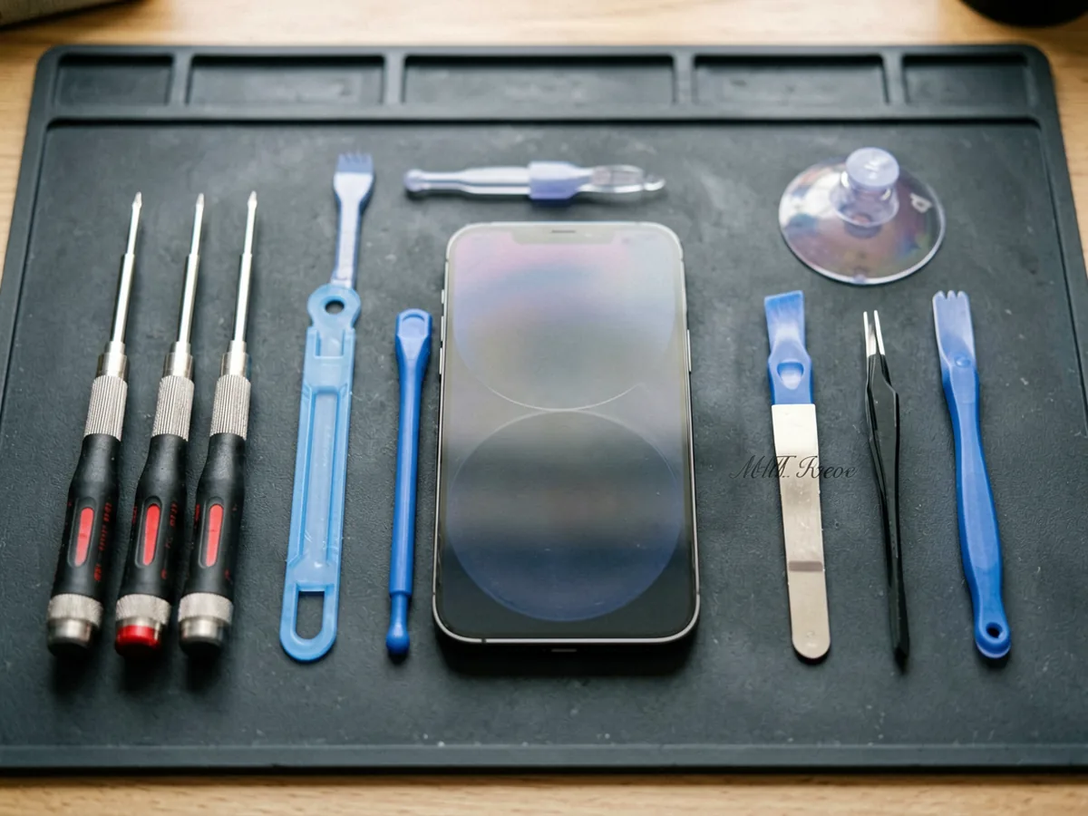 Knolling view of phone repair toolkit with screwdrivers, suction cup, and prying tools on a dark mat