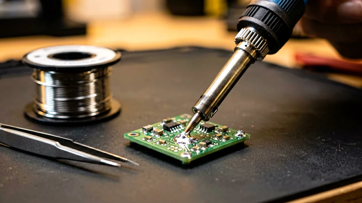 A 220–240V pencil soldering iron with a fine pointed tip resting on a small stand
