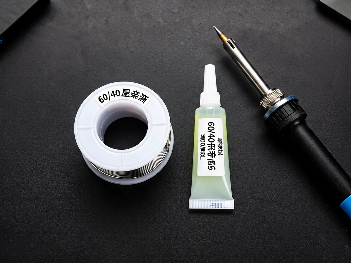 A reel of 60/40 electronics solder next to a small circuit board with a clean, shiny solder joint