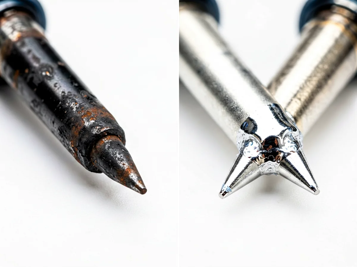 A row of soldering iron tips — conical, chisel and knife — shown close up on a white surface