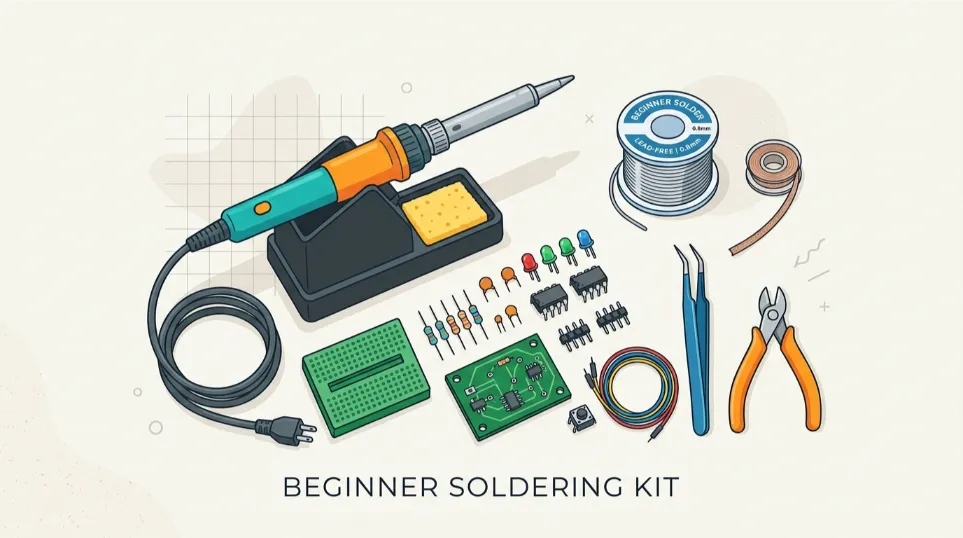 soldering iron, roll of 60,40 rosin core solder wire and brass wool cleaner on a heat-resistant mat