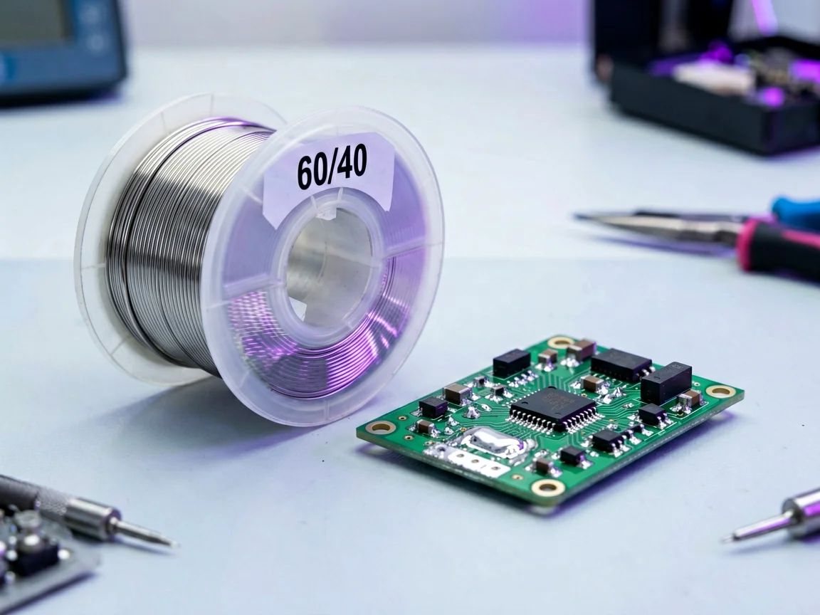 A reel of 60/40 electronics solder beside a circuit board with a clean, shiny solder joint