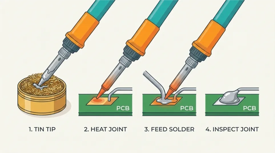 tin the tip, heat the pad and lead, feed solder into the joint, inspect the shiny result