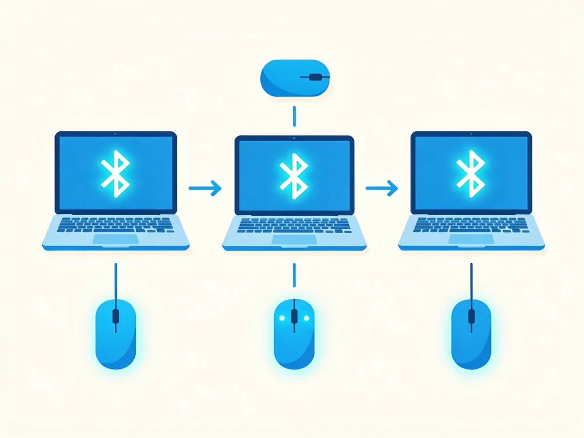 Three-step illustration of pairing a wireless mouse to a laptop over Bluetooth, from pairing mode to connection