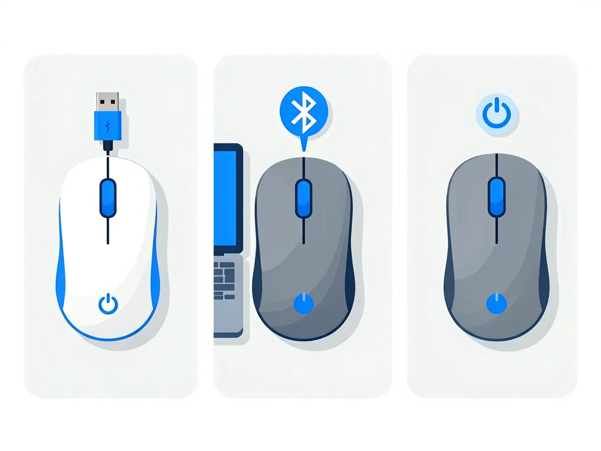 Three panels showing wireless mouse connection types: USB dongle, Bluetooth pairing and the power switch