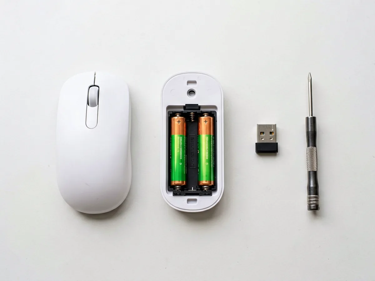 Knolling view of wireless mouse troubleshooting items: mouse with battery cover open, spare batteries, USB receiver and small screwdriver