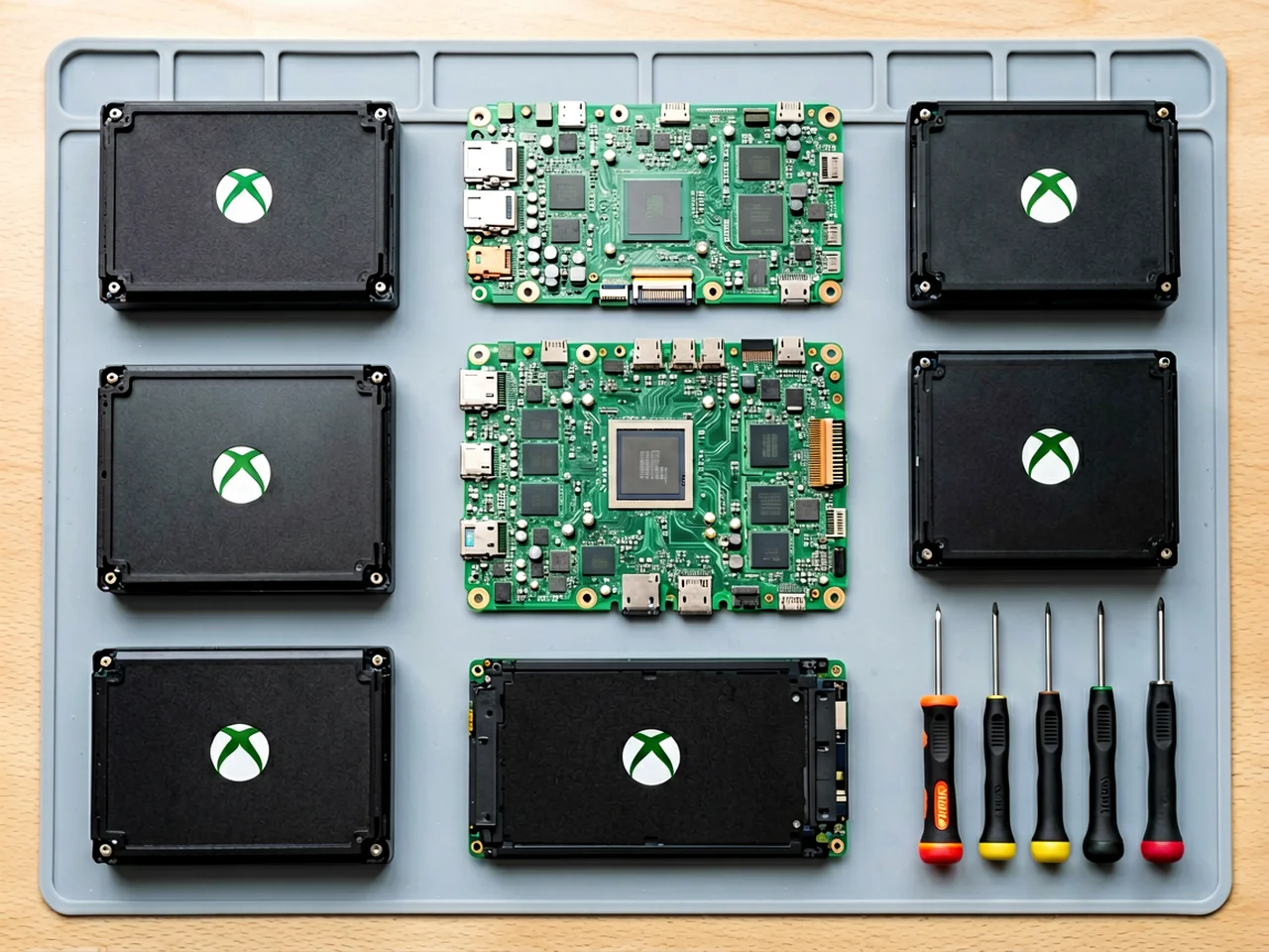 Xbox One console internals with replacement parts laid out including motherboard optical drive and power supply on repair mat