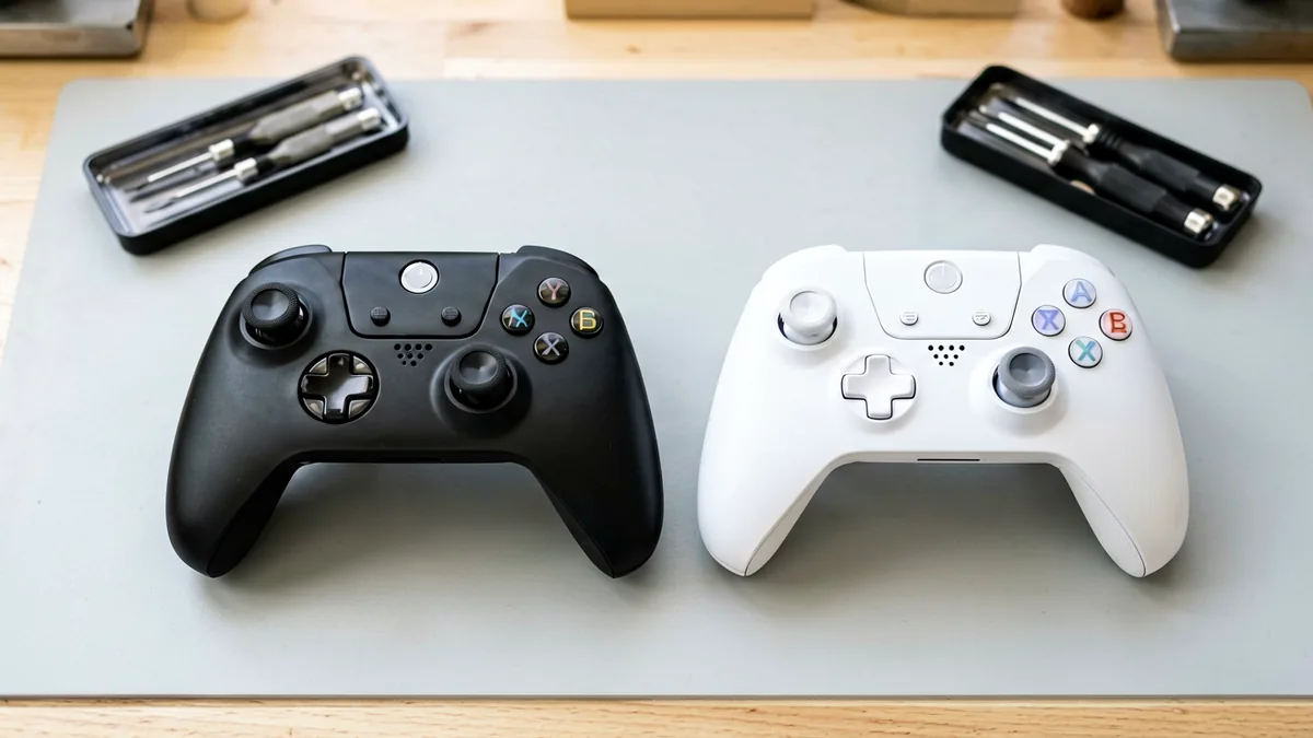A black and a white game controller lying side by side on a workbench next to a precision screwdriver kit