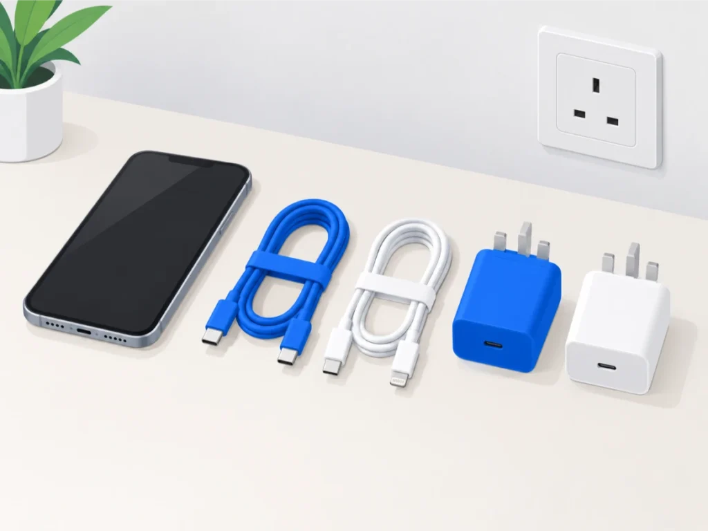 Smartphone beside two alternative charging cables and two wall adapter plugs laid out in a row near a wall socket