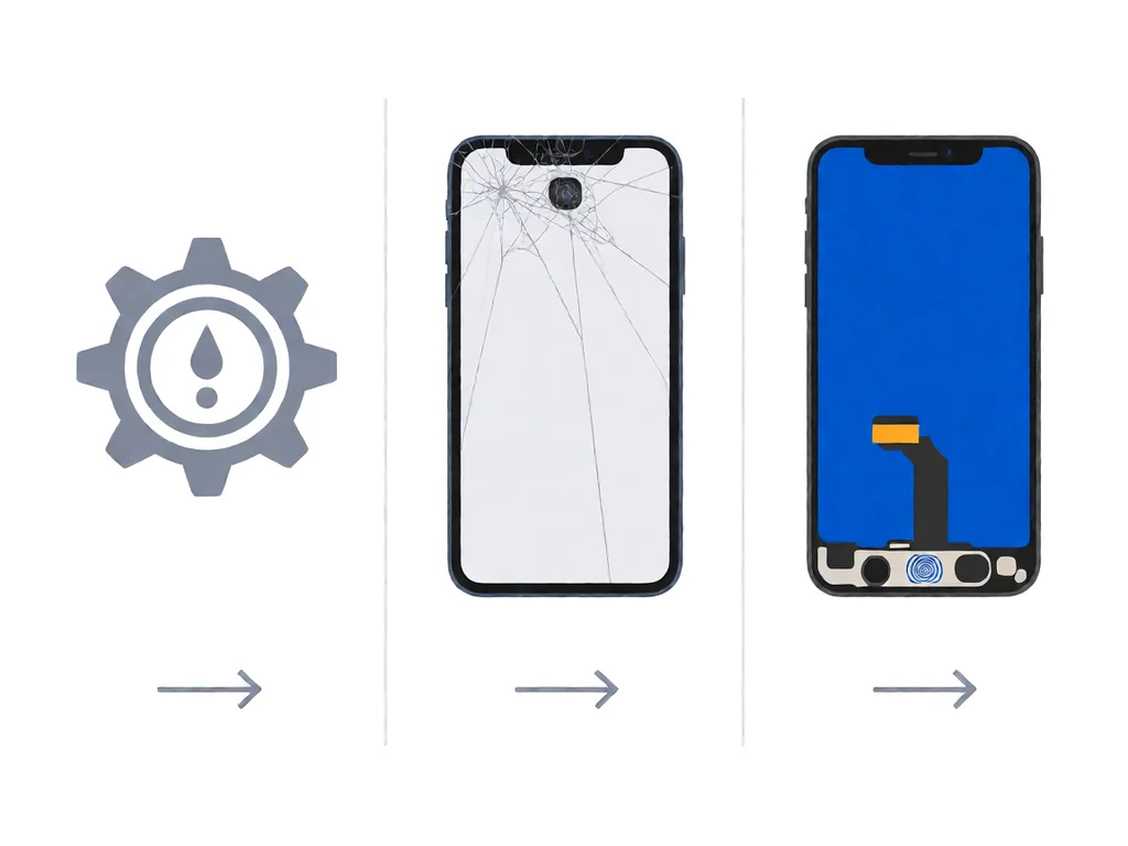 Three vertical panels on a white background: left panel shows a settings gear icon with a small warning triangle in muted grey, representing a software or settings glitch; middle panel shows a smartphone screen with a thin cracked screen-protector layer and a small smudge mark over the sensor area in muted tones, indicating a dirty or covered sensor; right panel shows a phone with its screen assembly lifted off, showing a thin fingerprint-sensor flex cable at the bottom with a damaged connector, in brand blue accent.
