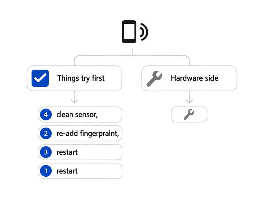 A simple flat-line flow diagram on a white background: a phone icon at the top branches into two rounded rectangles below it, a left one marked by a blue checkmark icon and a right one by a grey wrench icon, thin connector lines and downward arrows joining the shapes, with three small blue dots representing ordered steps beneath the left branch.