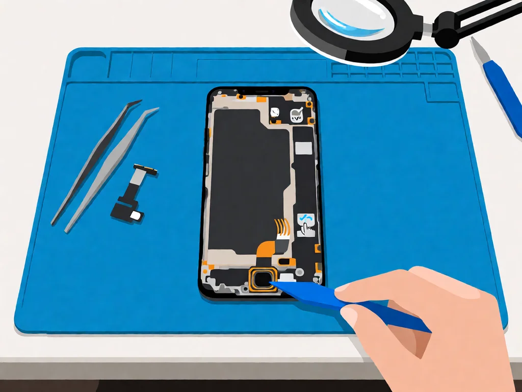A flat-lay technical illustration on a white background: a smartphone with its screen assembly lifted open, lying on a primary-brand-blue anti-static repair mat, the mainboard and lower frame visible, a small rectangular fingerprint-sensor module with a thin flex cable at the bottom being lifted from its connector by a small precision spudger, the connector and cable accented in brand blue, clean product-photography style, no text anywhere.