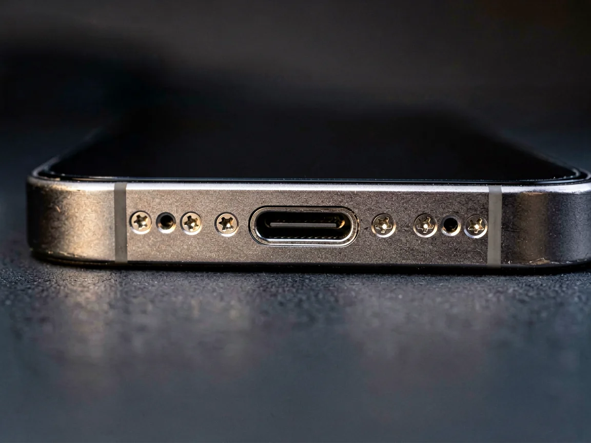 Macro photo of a smartphone bottom frame showing the charging port flanked by small five-pointed pentalobe screws