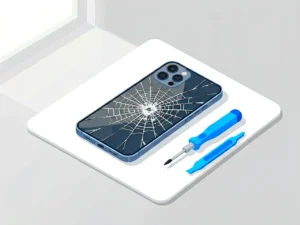 iPhone with cracked back glass and repair tools on a white repair mat