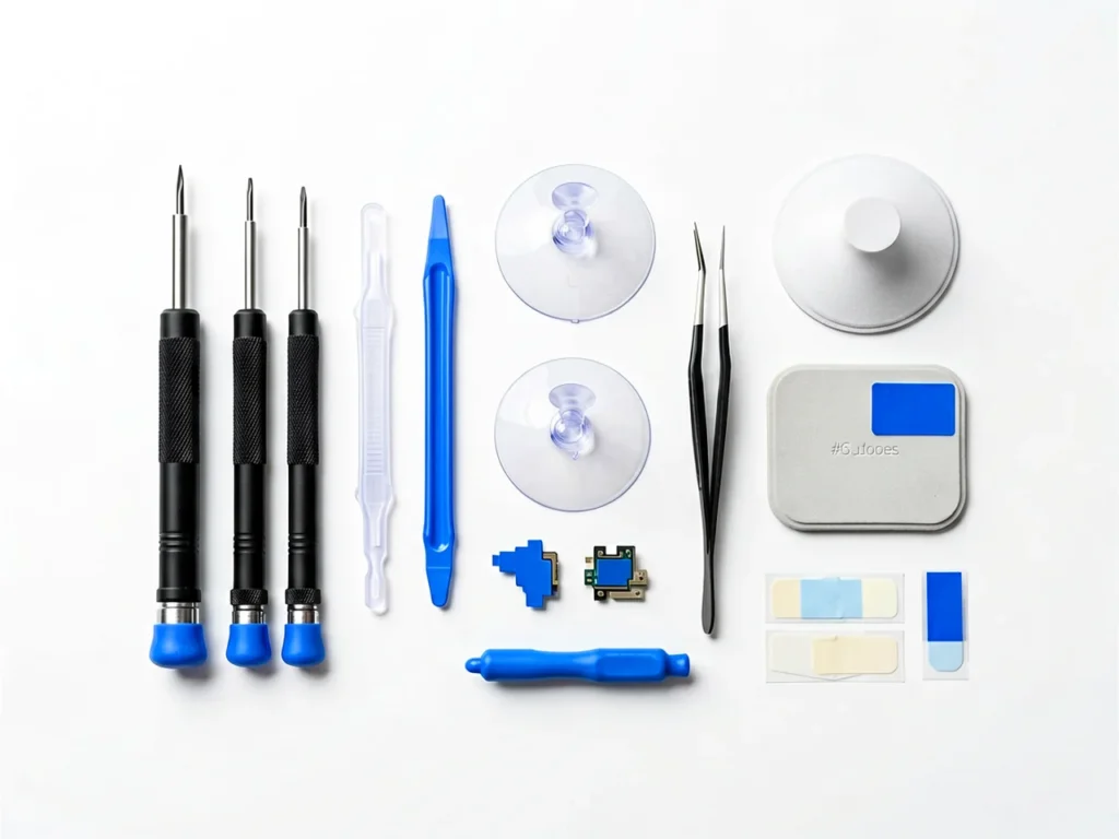iPhone back glass repair tools laid out on white mat