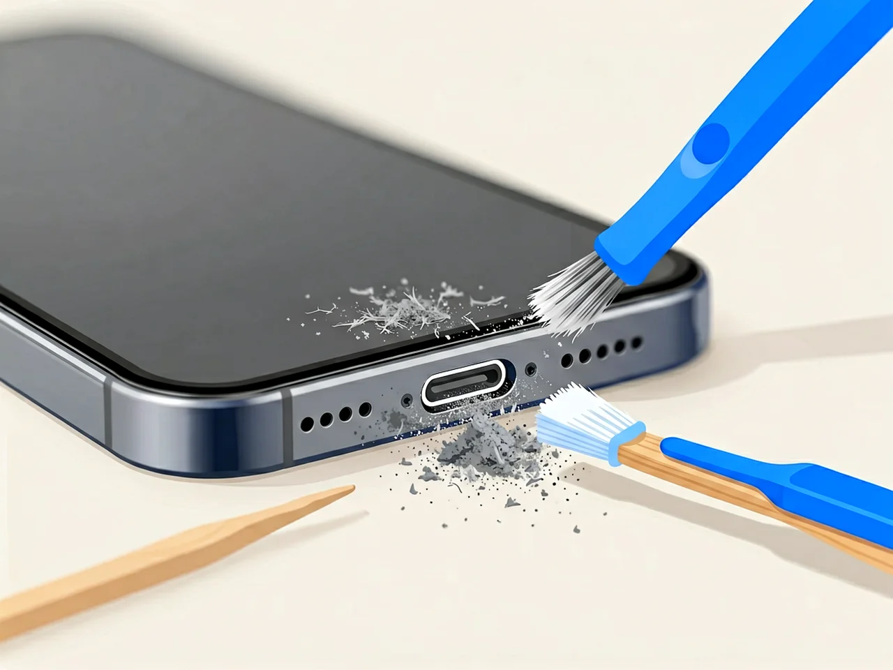 iPhone Lightning port clogged with dust and lint beside cleaning tools