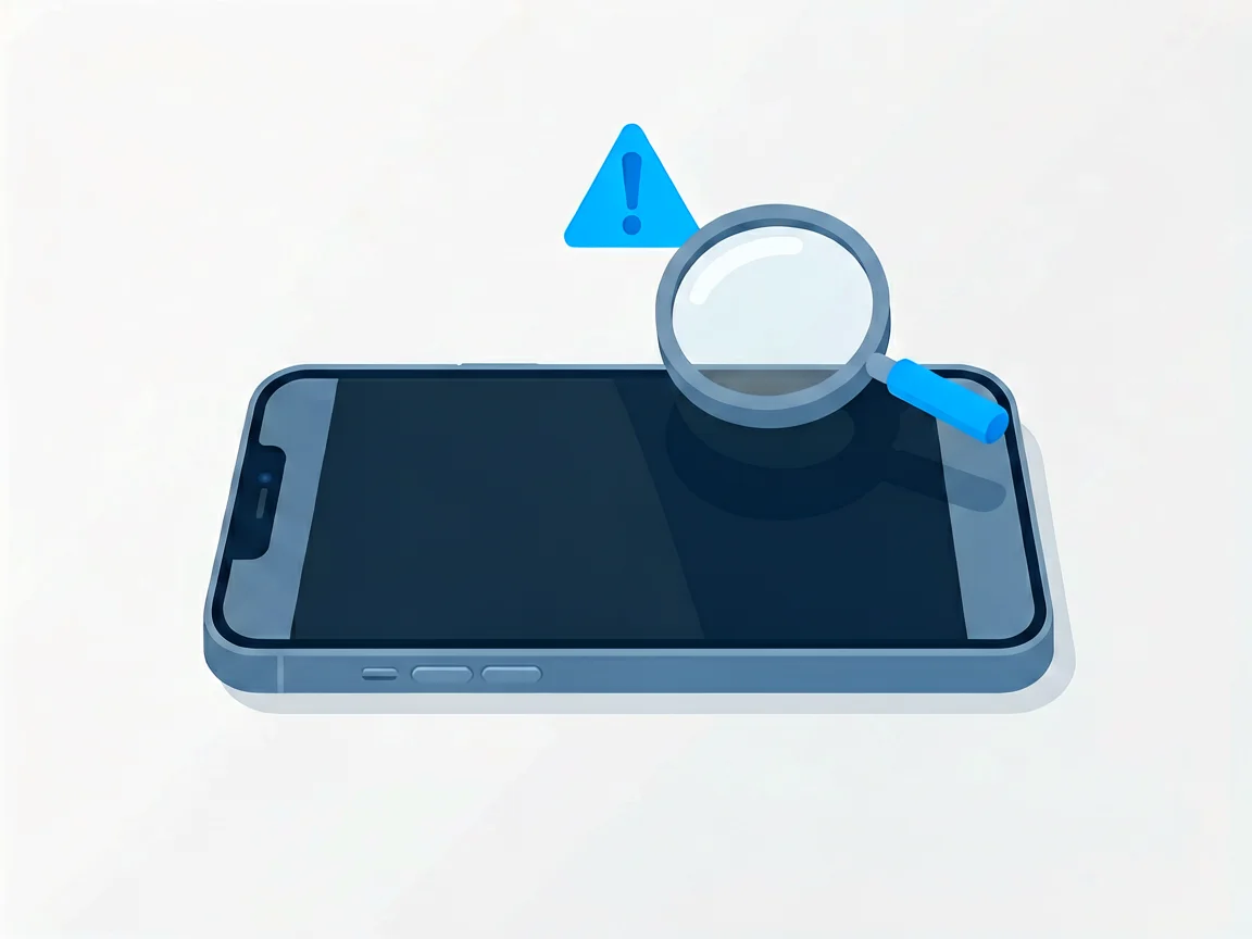Top-down view of a smartphone with its display lifted at one edge by a swelling battery, a magnifying glass examining the lifted edge and an alert triangle above