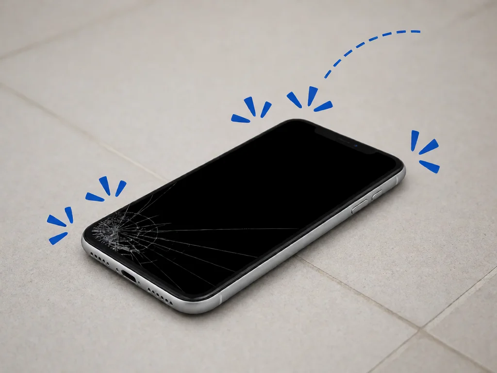 A smartphone lying face-up on a tiled floor with an entirely black screen and a fine spiderweb crack radiating from the lower-left corner of the glass, with blue impact burst symbols around it and a blue dashed arc tracing the fall path from the upper right.