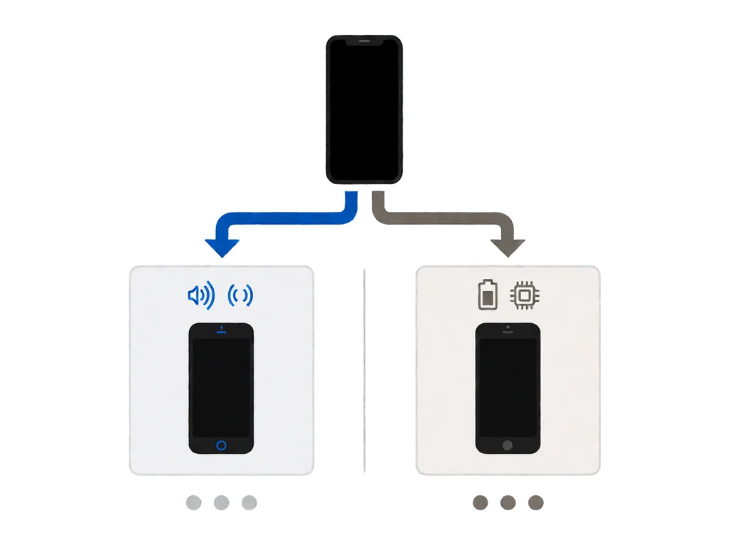 Flat diagnostic decision tree on a white background: a black-screen phone at the top branches to a left box (sound and vibration symbols with a phone showing a small blue running-light dot) and a right box (battery and chip symbols with a dark phone showing no running-light dot).