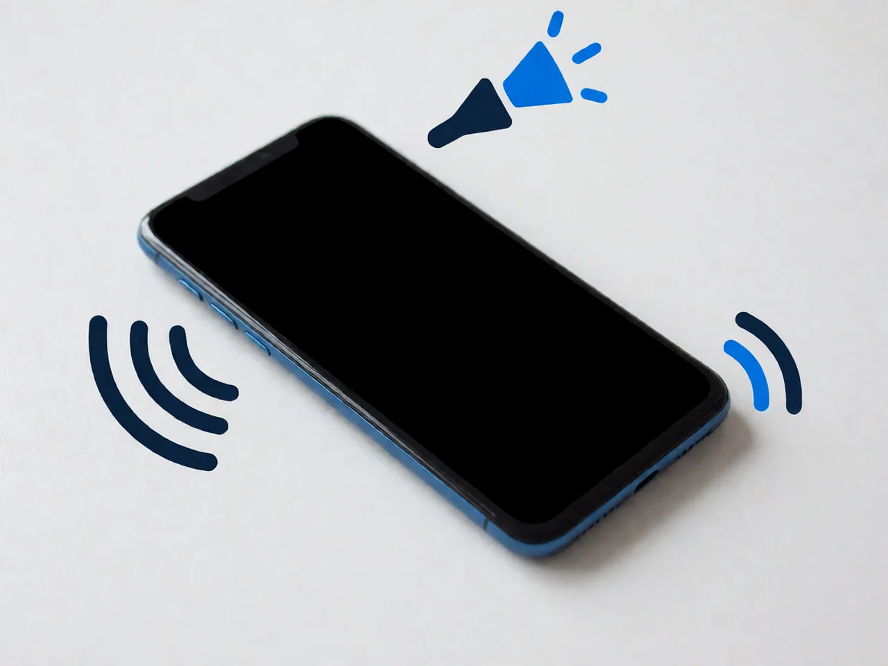 A single smartphone on a light-grey surface with an entirely black screen, surrounded by flat-vector symbols: sound waves on the left, vibration arcs on the right, and a small torch symbol above the phone.