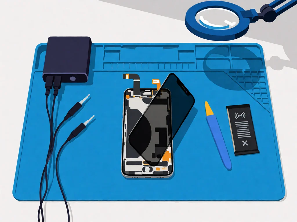 A smartphone with its display assembly lifted on a blue anti-static repair mat, exposing the flex cable, alongside a small dark diagnostic power-supply unit with two thin probe cables, a blue plastic spudger, a spare battery cell with a wireless-signal symbol, and a magnifying lamp arm in the upper corner.