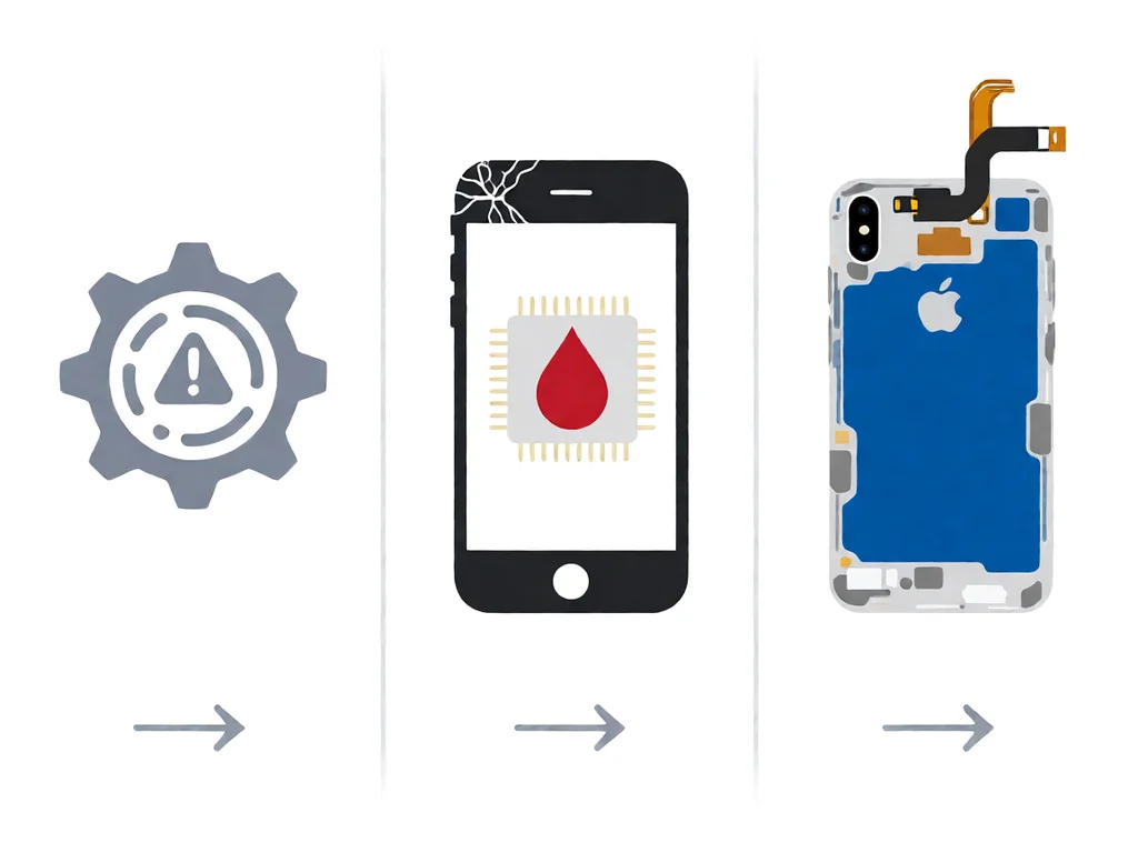 Three vertical panels on a white background: left panel shows a settings gear icon with a small warning triangle in muted grey, representing a software or pairing glitch; middle panel shows a smartphone with a cracked corner and a red droplet symbol indicating liquid damage, with a faint broken combo-chip mark in gold; right panel shows a phone with its back cover removed and a thin flat antenna flex cable visibly loose from its top-edge connector, accented in brand blue.